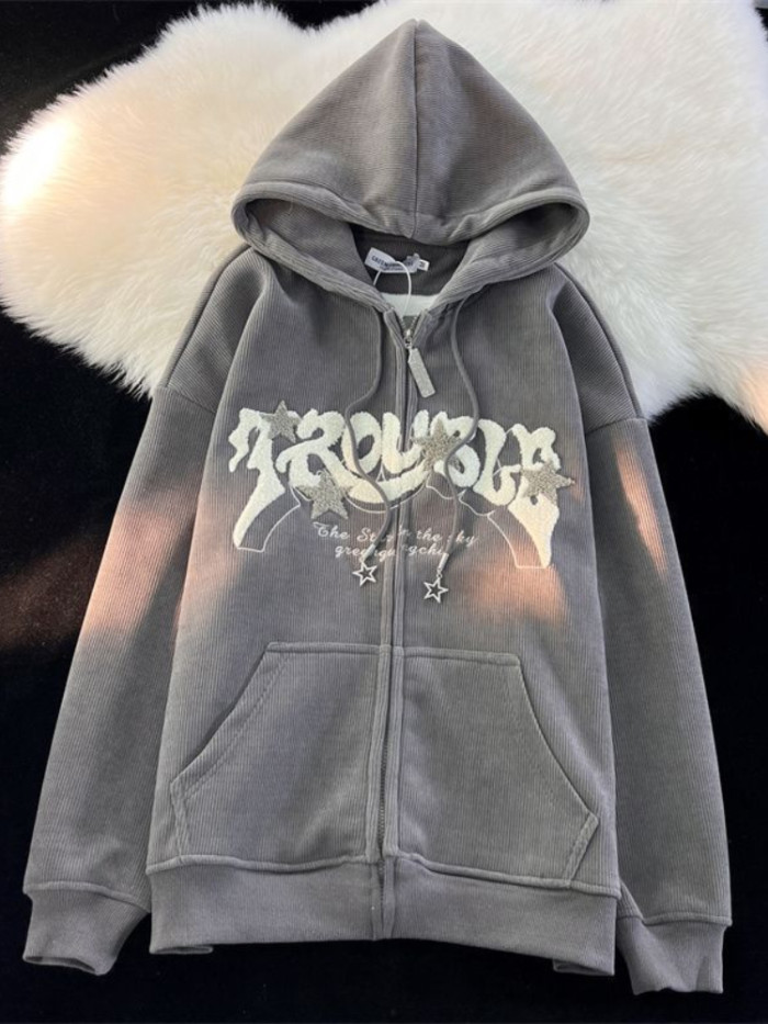 Women's Retro Embroidered Zipper Loose Hoodie