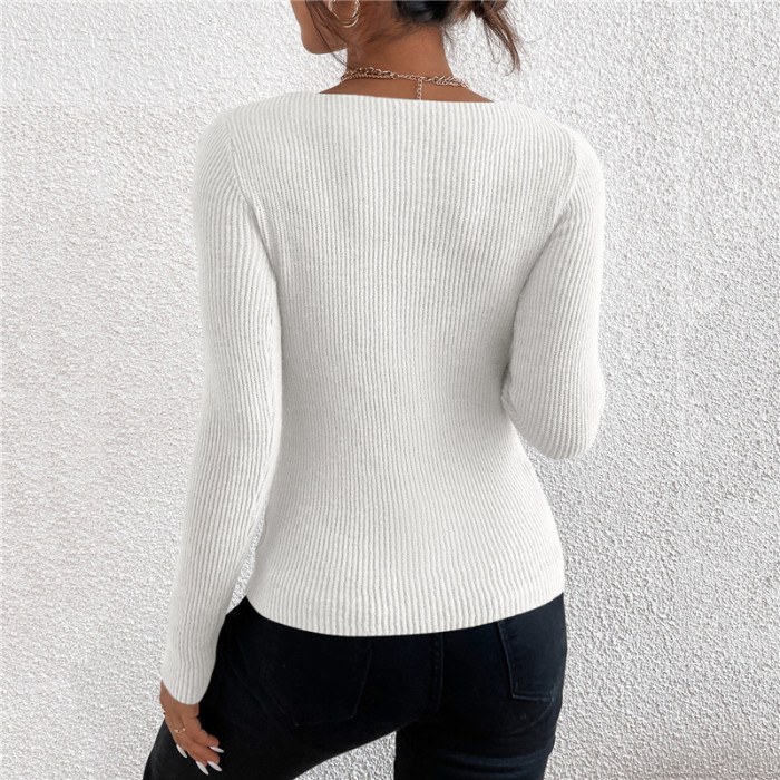 Women Solid Knit V Neck Stripe Pull Long Sleeve Pullover Fashion Sweater