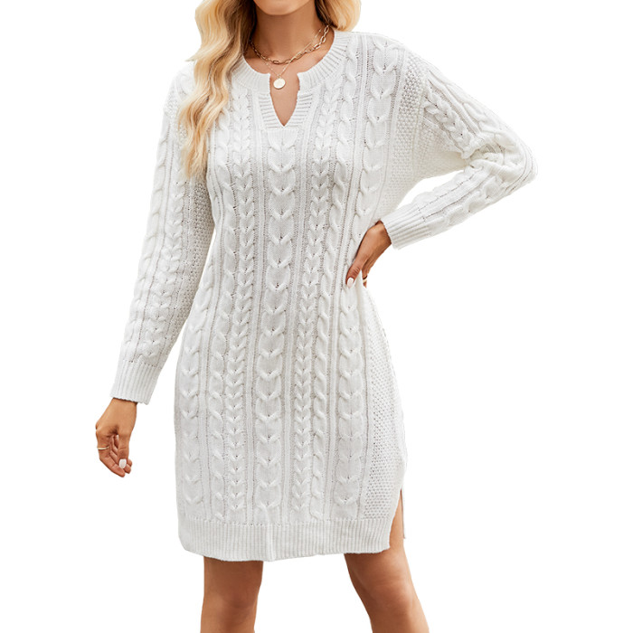 Fashion Autumn Solid Color Long Sleeve Casual Office Mini Knit Dress