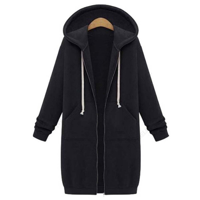 Women Long Casual Zip Up Outerwears Hooded Coat