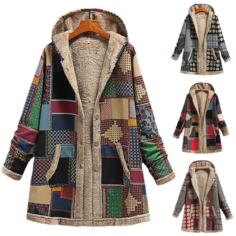 Women's Cotton Linen Print Hooded Warm Plush Coat