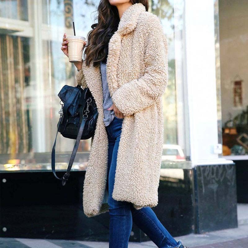 Woman Solid Color Faux Fur Thick Warm Plush Coat