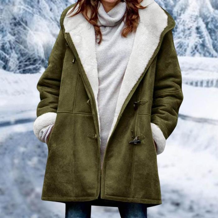 Women Fuzzy Outerwear Solid Color Hooded Button Coat