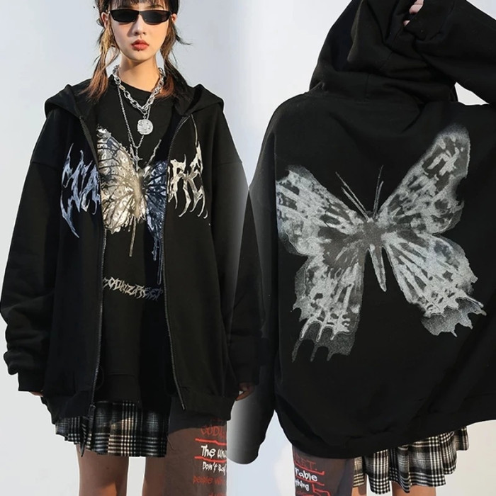 Women Oversized Long Sleeve Zip Up Punk Sweatshirt Butterfly Print Hoodies