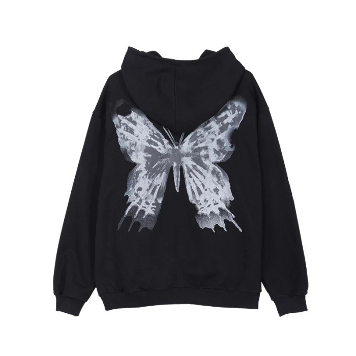 Women Oversized Long Sleeve Zip Up Punk Sweatshirt Butterfly Print Hoodies