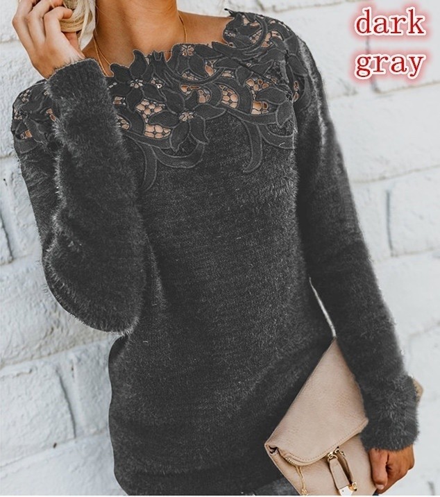 Womens Long Sleeve Lace Floral Print Pullover Sweater