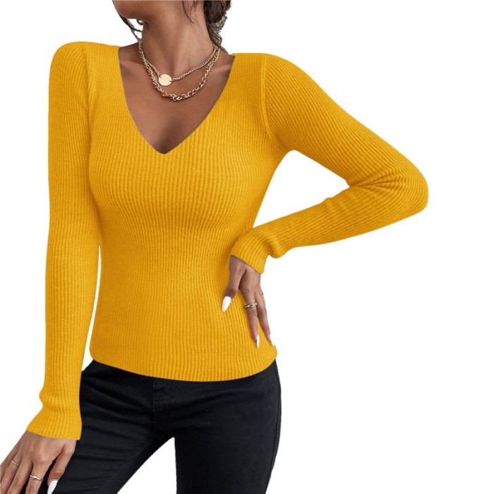 Women Solid Knit V Neck Stripe Pull Long Sleeve Pullover Fashion Sweater