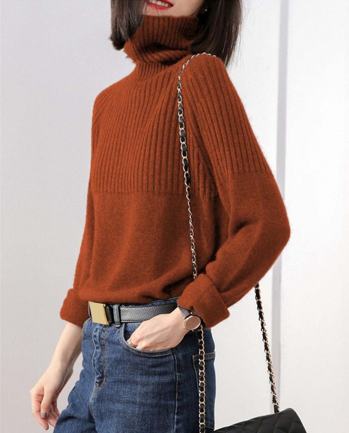 Women Turtleneck Pullovers Solid Striped Knit Loose Sweater