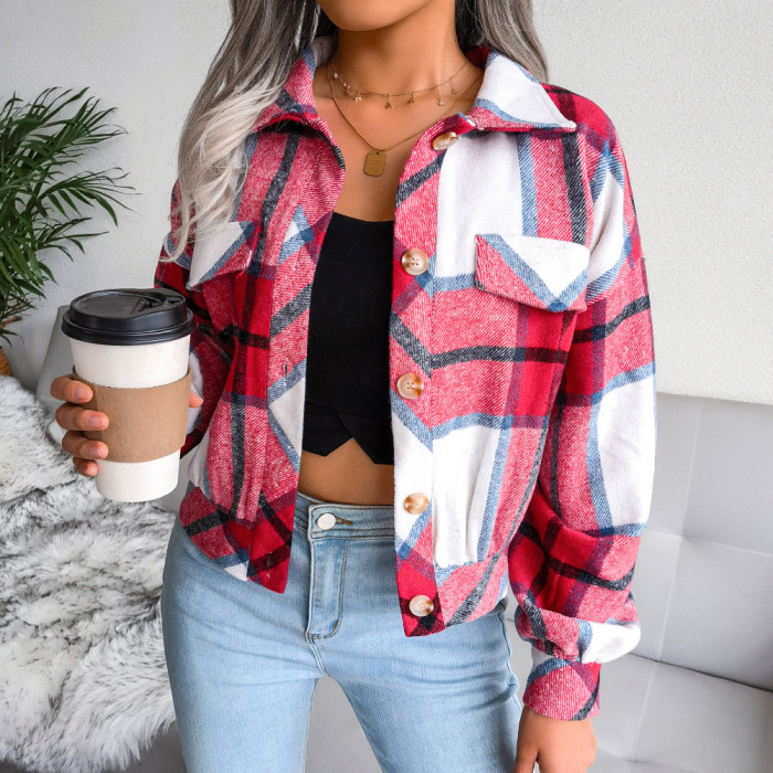 Women Plaid Turn-down Collar Casual Fashion Jacket