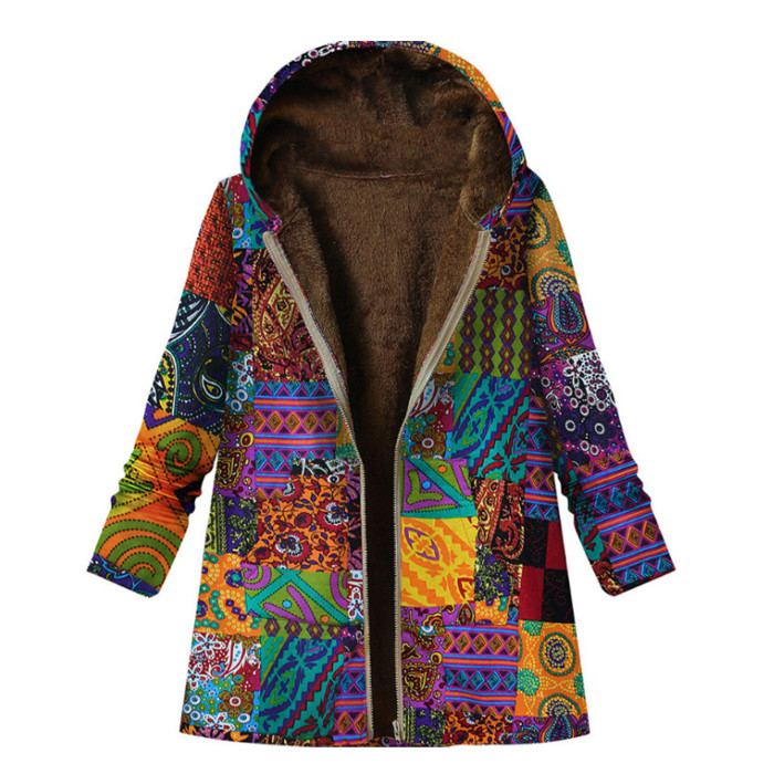 Women's Cotton Linen Print Hooded Warm Plush Coat