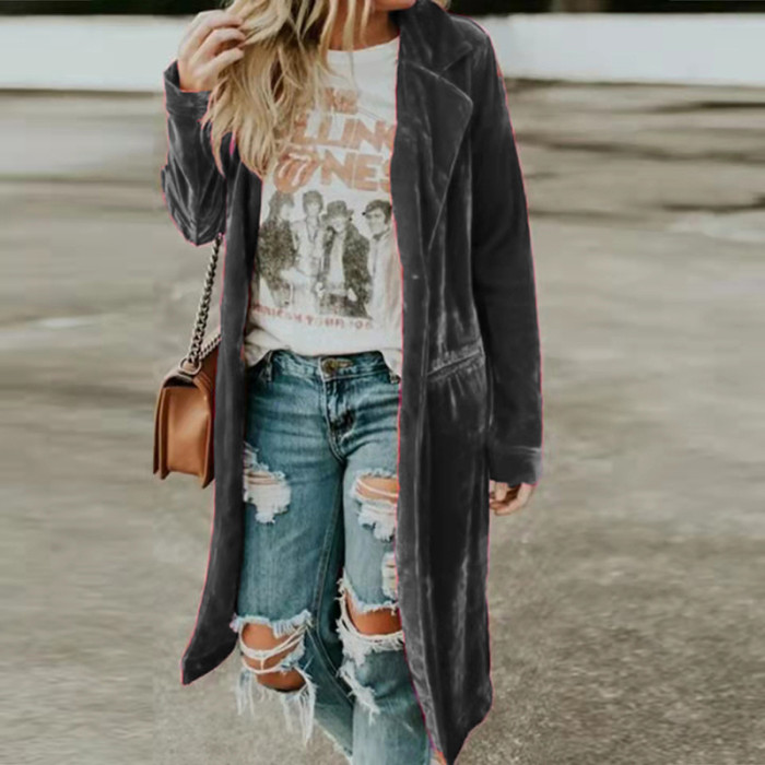 Fashion Women Casual Solid Color Golden Elegant Velvet Coat