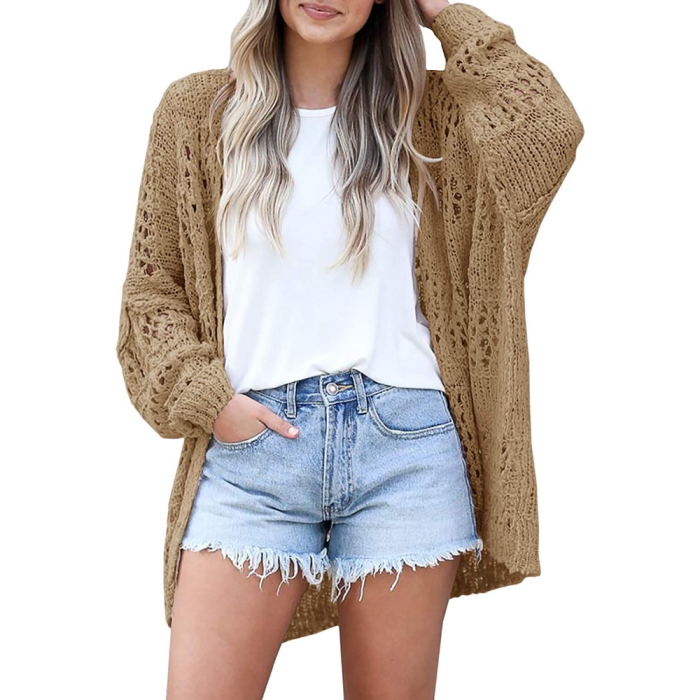 Women's Long Sleeve Lightweight Soft Knitted Sweater Crochet Cardigan