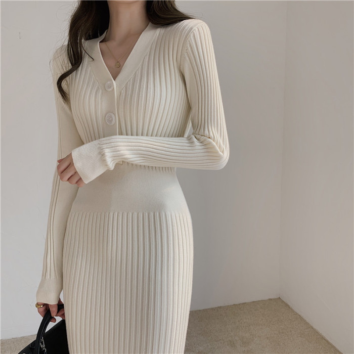 Vintage Knit Sweater Long Sleeve Elegant Button V Neck Midi Dress