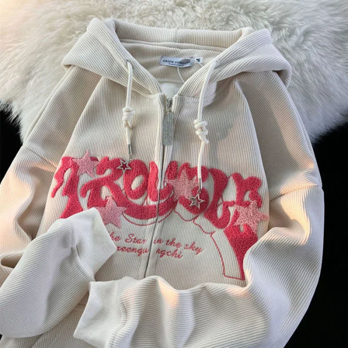 Women's Retro Embroidered Zipper Loose Hoodie