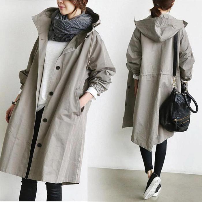 Women Fashion Casual Hooded Loose Trench Coat
