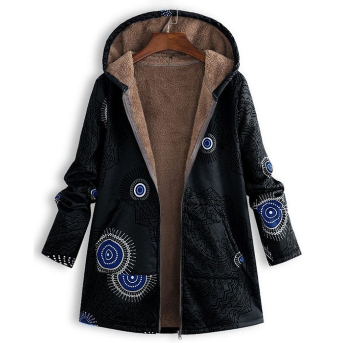 Women's Cotton Linen Print Hooded Warm Plush Coat