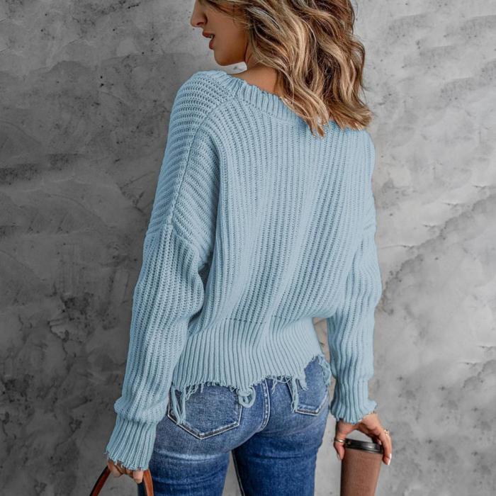 Fashion Ripped Tassel Warm Jumper V-Neck Streetwear Sweater
