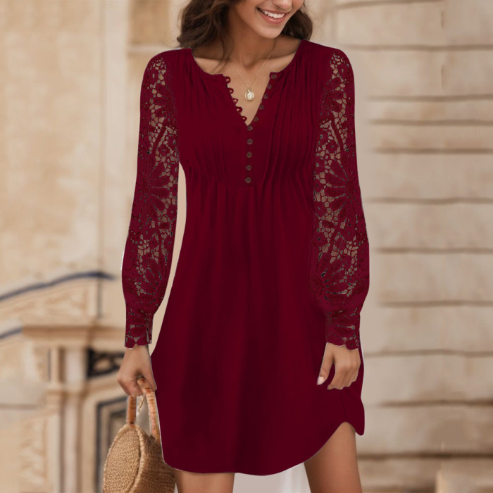 Women Elegant Hollow Out Lace V-Neck Long Sleeve Casual Dress