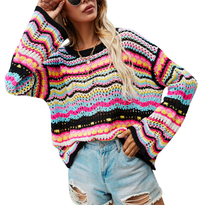Women Round Neck Loose Bohemian Long Sleeve Knit Pullover Sweaters