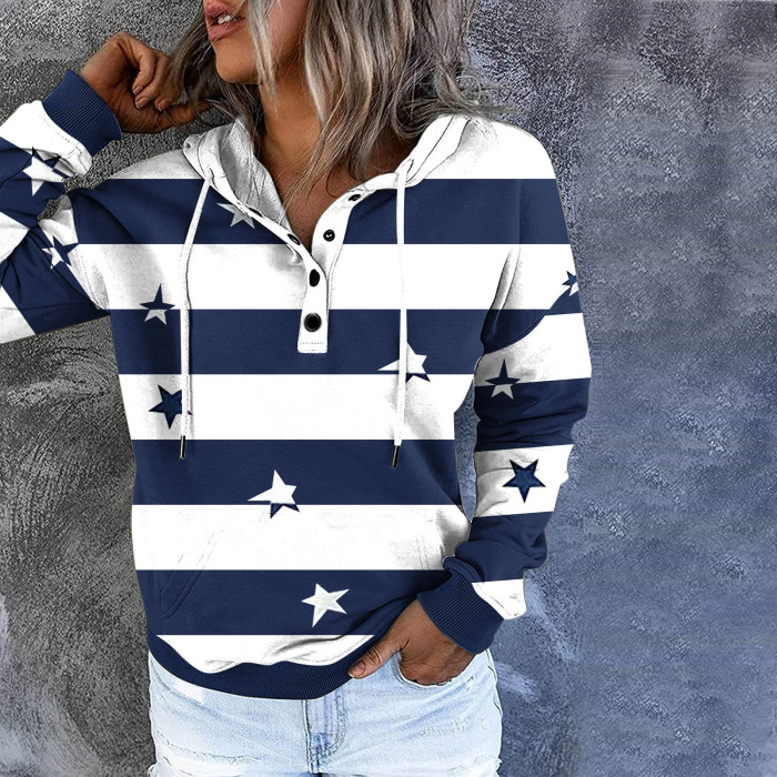 Women Stripe Long Sleeve Drawstring Sweatshirts Hoodies