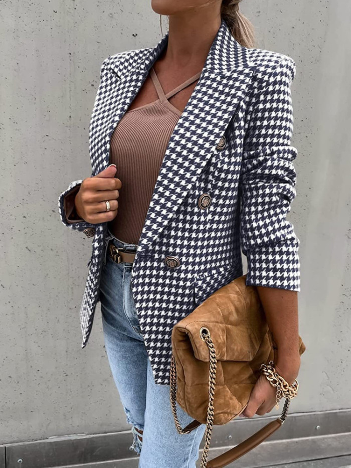 Women Print Casual Plaid Blazer Coat