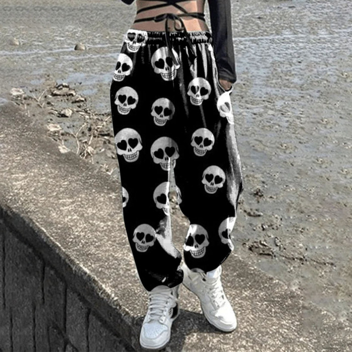 Women's Sweatpants Skull Head Print Halloween Drawstring Casual Pants