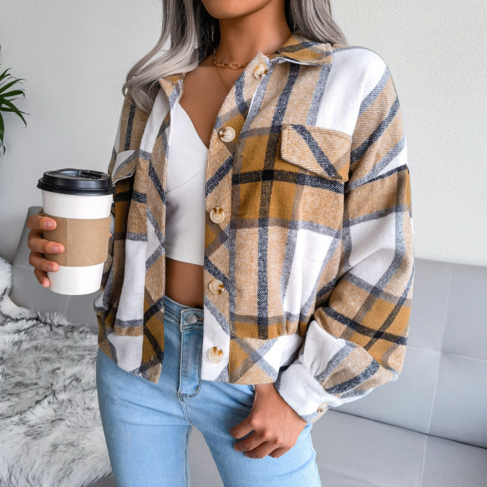 Women Plaid Turn-down Collar Casual Fashion Jacket