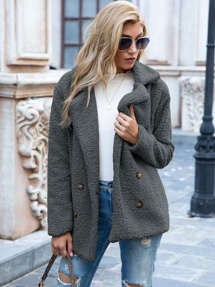 Women Warm Plush Long Sleeve Solid Color Jacket