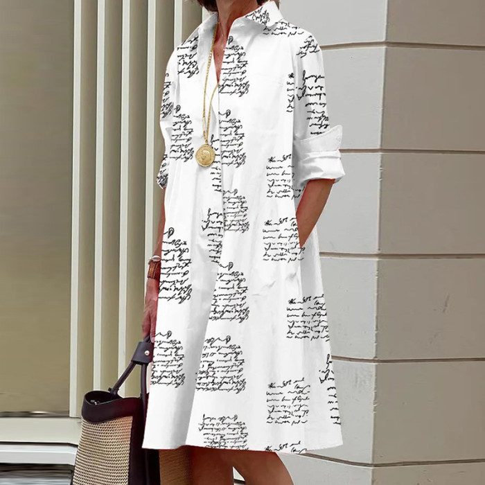 Women Print V-Neck Long Sleeve Simple Casual Dress