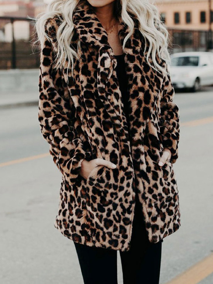 Women Leopard Print Faux Fur Coat