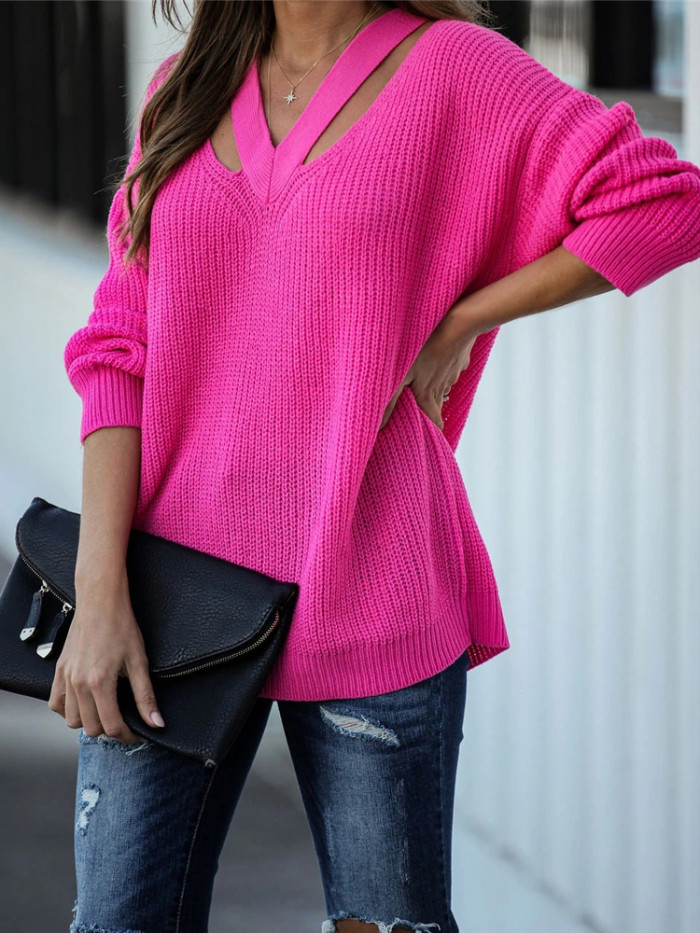 Women Long Sleeve Solid V Neck Casual Pullovers Sweaters