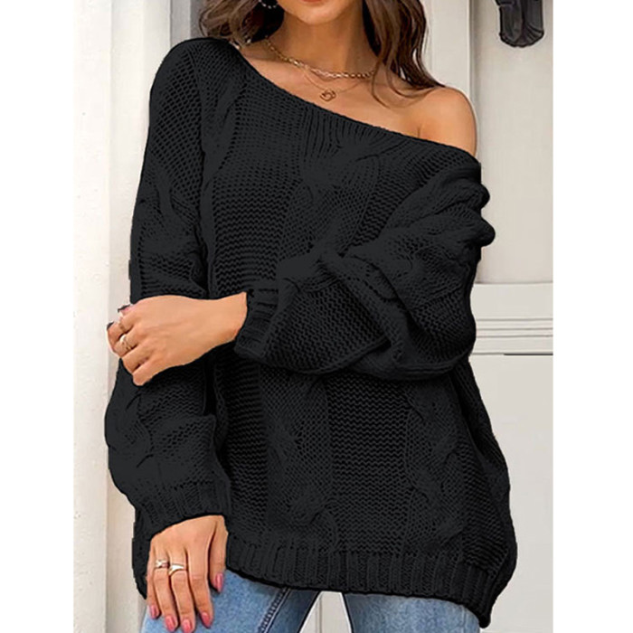 Women Elegant Vintage Knit Pullover Fashion Sexy Long Sleeve Loose Solid Sweater