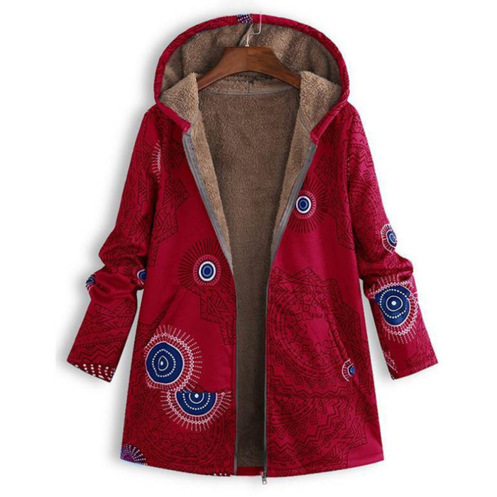 Women's Cotton Linen Print Hooded Warm Plush Coat