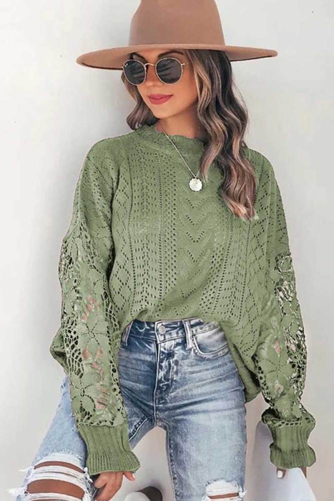 Women Long Sleeve Crochet Hollow Out Lightweight Knit Pullover Sweater