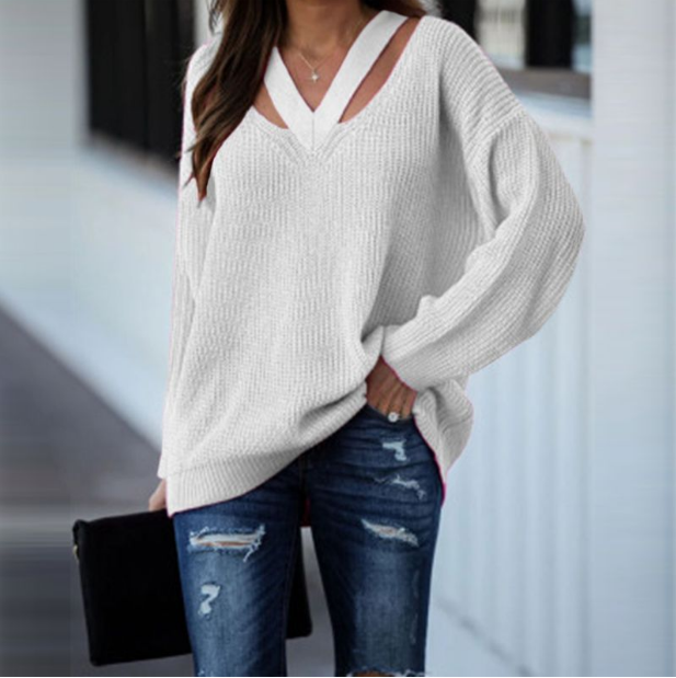 Women Long Sleeve Solid V Neck Casual Pullovers Sweaters
