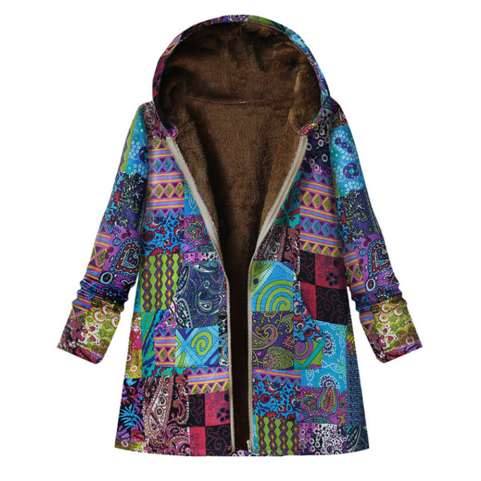 Women's Cotton Linen Print Hooded Warm Plush Coat