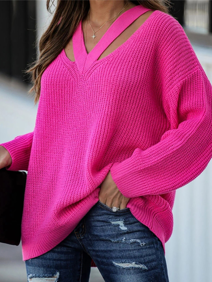 Women Long Sleeve Solid V Neck Casual Pullovers Sweaters