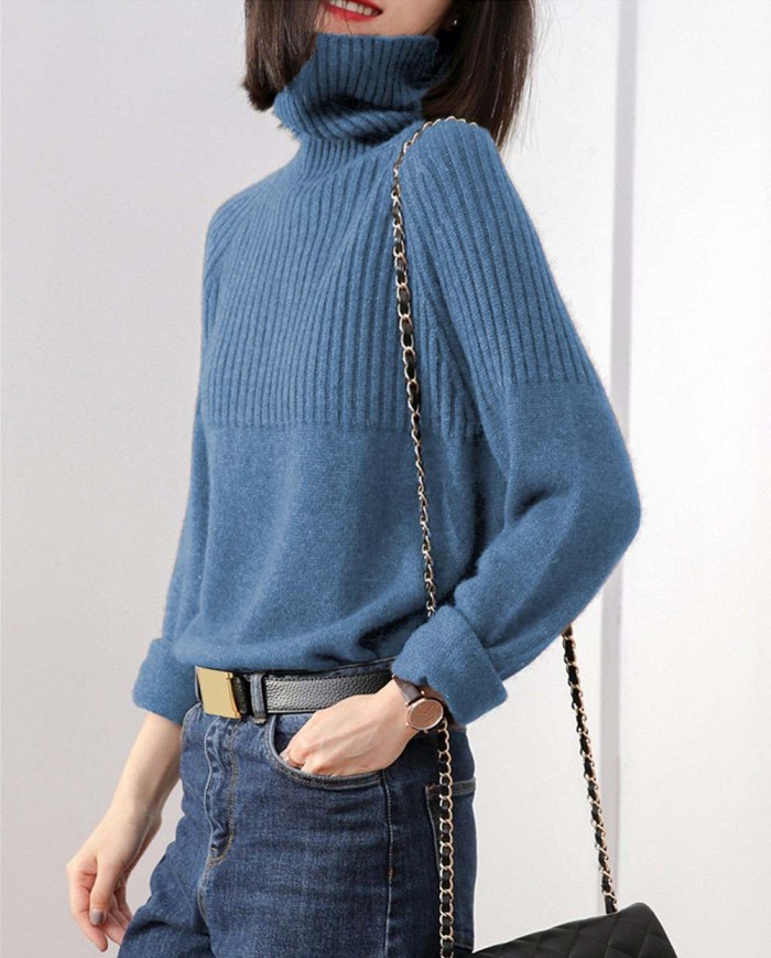 Women Turtleneck Pullovers Solid Striped Knit Loose Sweater