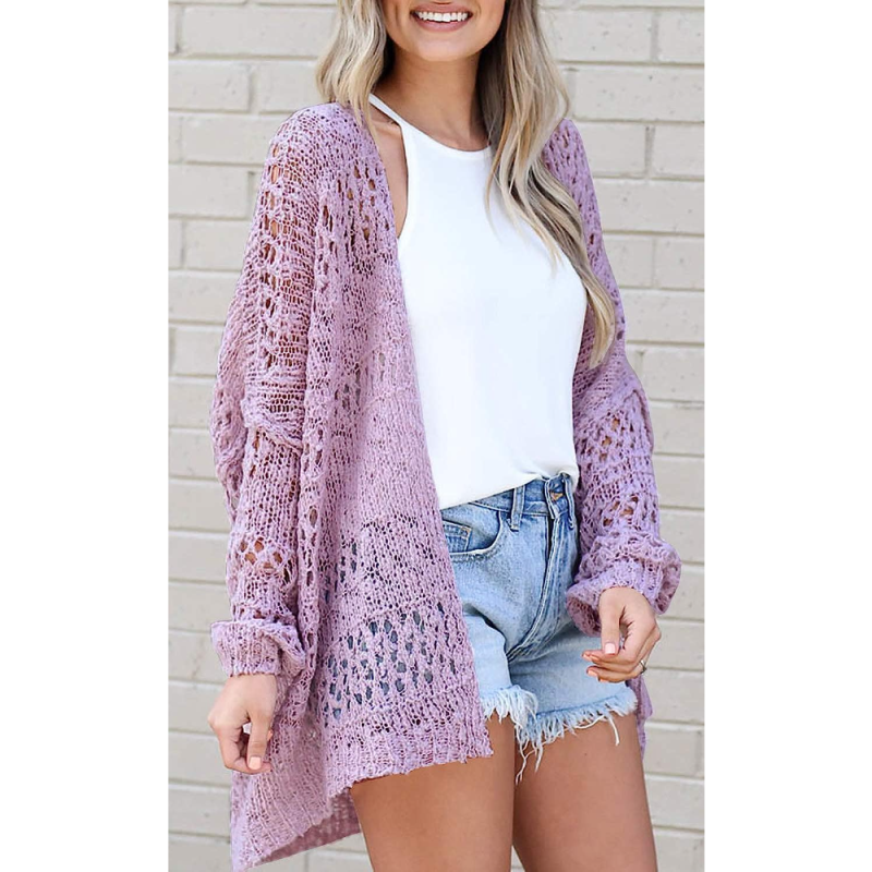 Women's Long Sleeve Lightweight Soft Knitted Sweater Crochet Cardigan