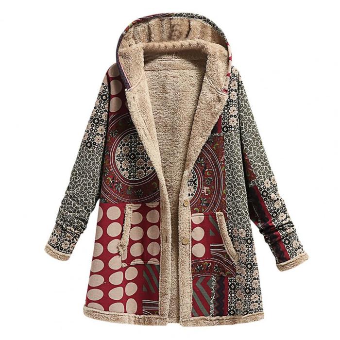 Women's Cotton Linen Print Hooded Warm Plush Coat