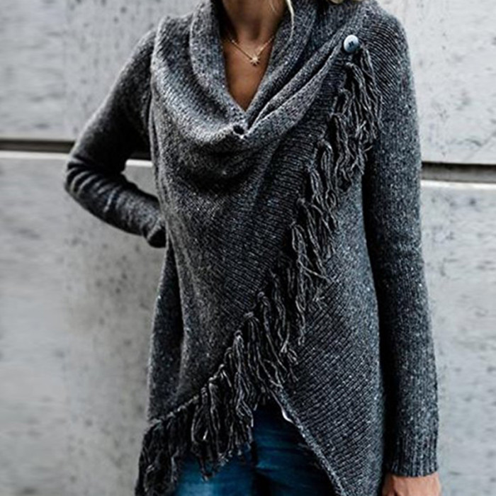Women Knitted Sweater Cardigans Long Sleeve Tassel Oversized Cardigan