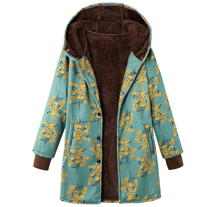 Women's Cotton Linen Print Hooded Warm Plush Coat