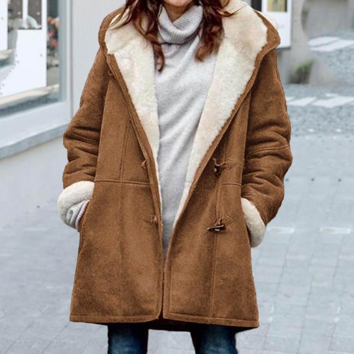 Women Fuzzy Outerwear Solid Color Hooded Button Coat