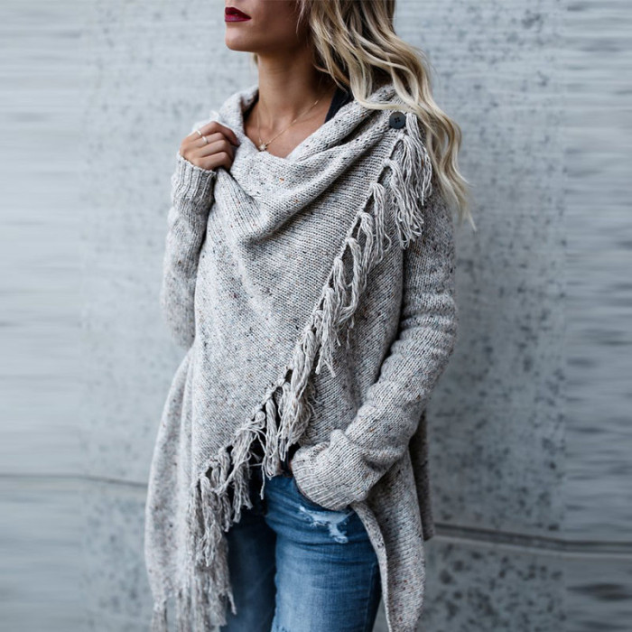 Women Knitted Sweater Cardigans Long Sleeve Tassel Oversized Cardigan