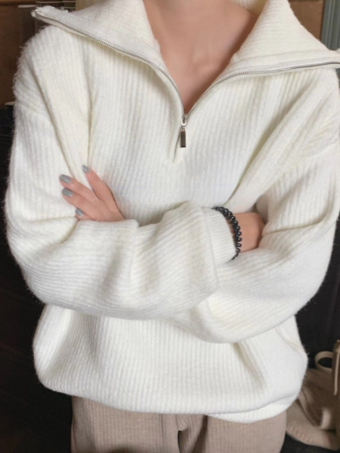 Women's Long Sleeve Loose Knitted Zipper Solid Pullover Sweater