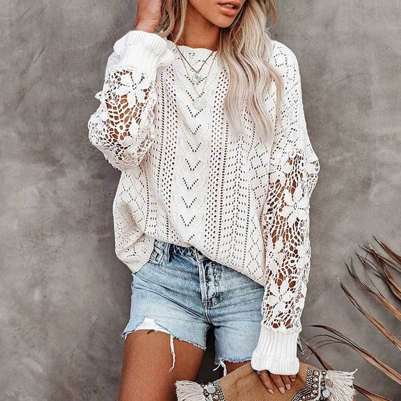 Women Long Sleeve Crochet Hollow Out Lightweight Knit Pullover Sweater