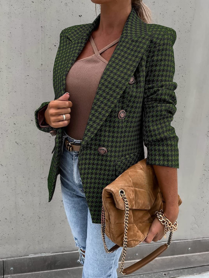 Women Print Casual Plaid Blazer Coat