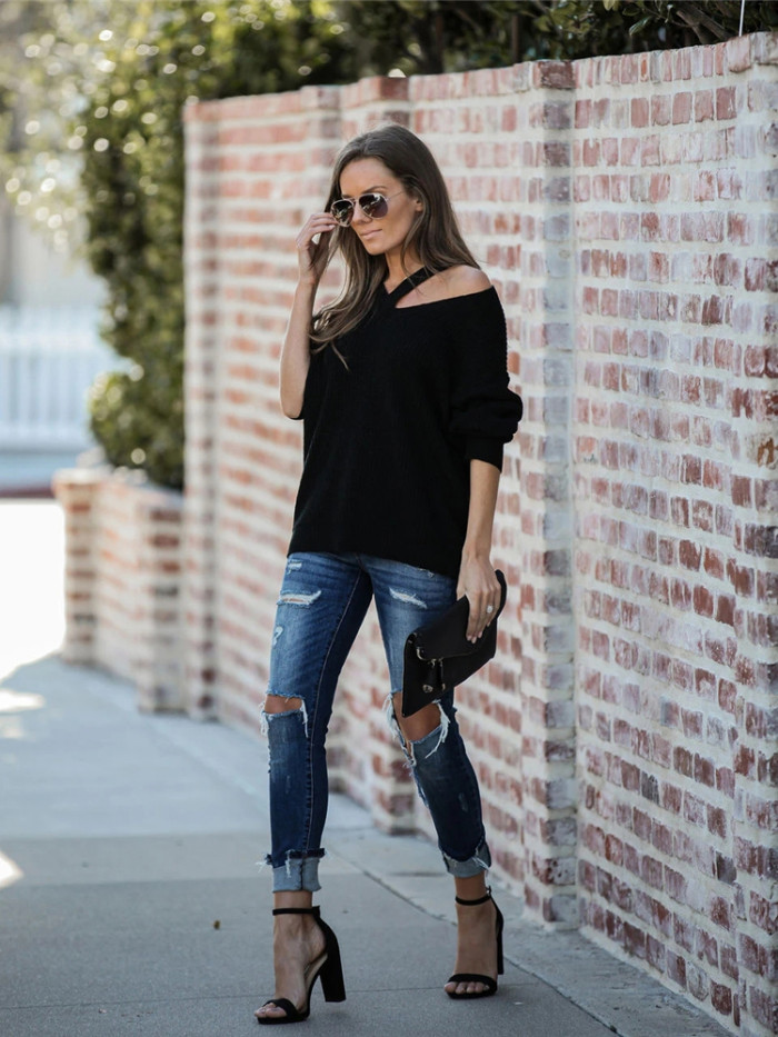 Women Long Sleeve Solid V Neck Casual Pullovers Sweaters