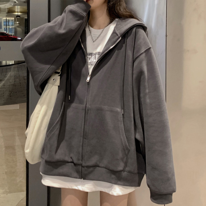 Women Solid Color Zipper Long Sleeve Casual Streetwear Hoodies
