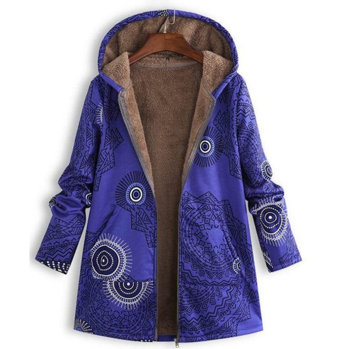 Women's Cotton Linen Print Hooded Warm Plush Coat